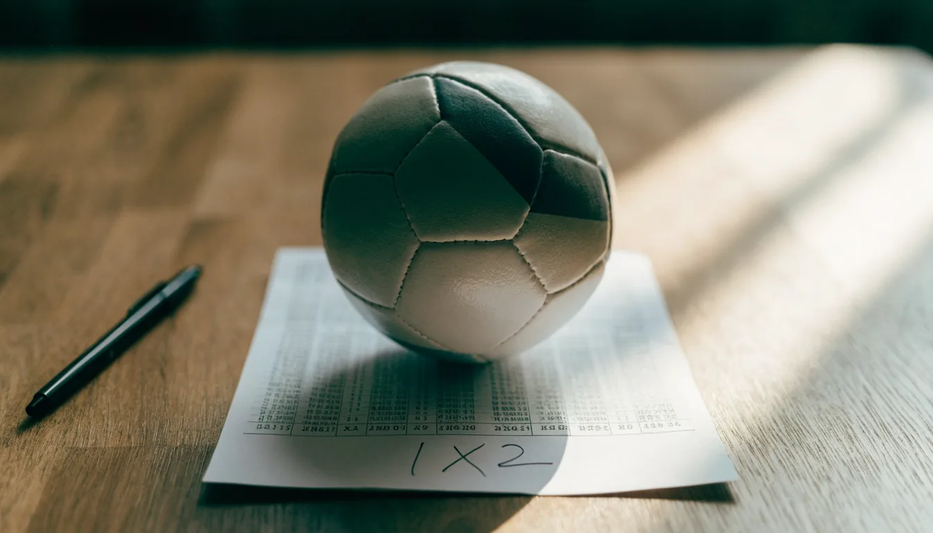 Un pallone da calcio appoggiato su una schedina bianca su un tavolo di legno, alla luce del giorno