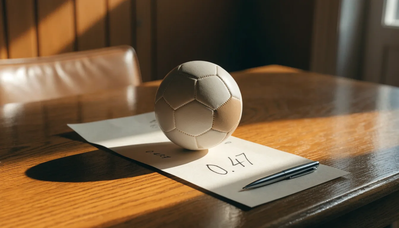 Un pallone da calcio appoggiato su una schedina bianca su un tavolo di legno, alla luce del giorno