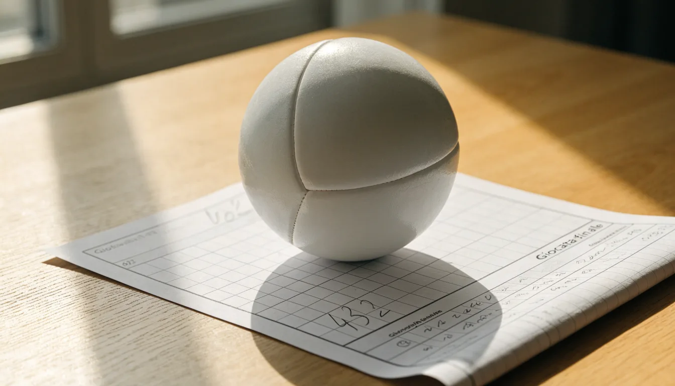 Un pallone da calcio appoggiato su una schedina bianca su un tavolo di legno, alla luce del giorno