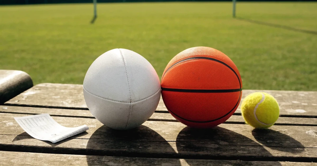 Tre palloni di sport diversi allineati uno accanto all'altro su una panca di legno