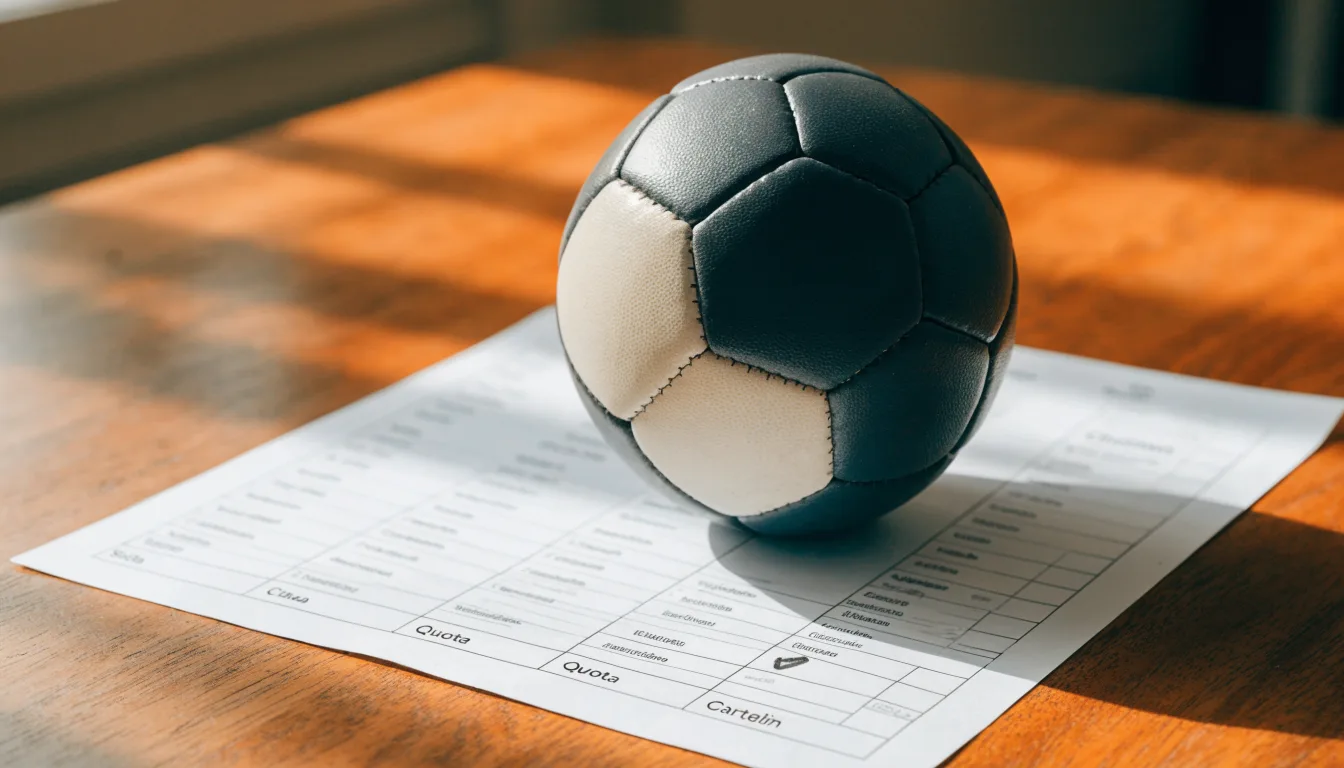 Un pallone da calcio appoggiato su una schedina bianca su un tavolo di legno, alla luce del giorno