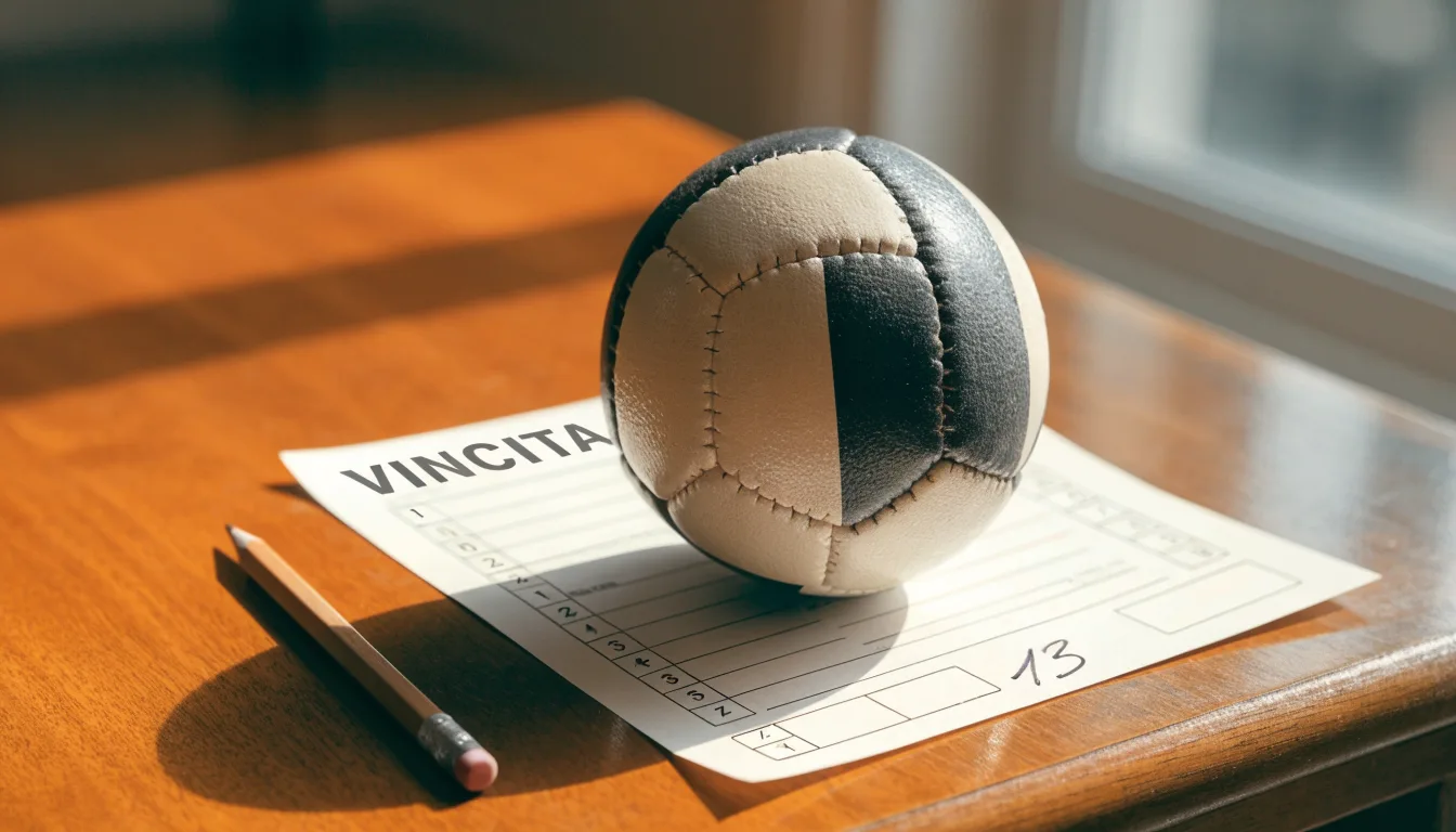 Un pallone da calcio appoggiato su una schedina bianca su un tavolo di legno, alla luce del giorno
