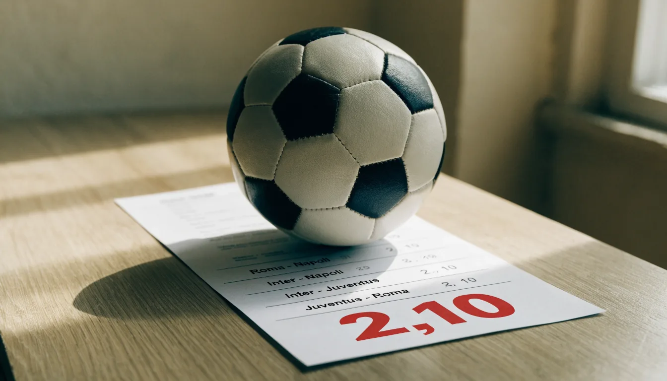 Un pallone da calcio appoggiato su una schedina bianca su un tavolo di legno, alla luce del giorno
