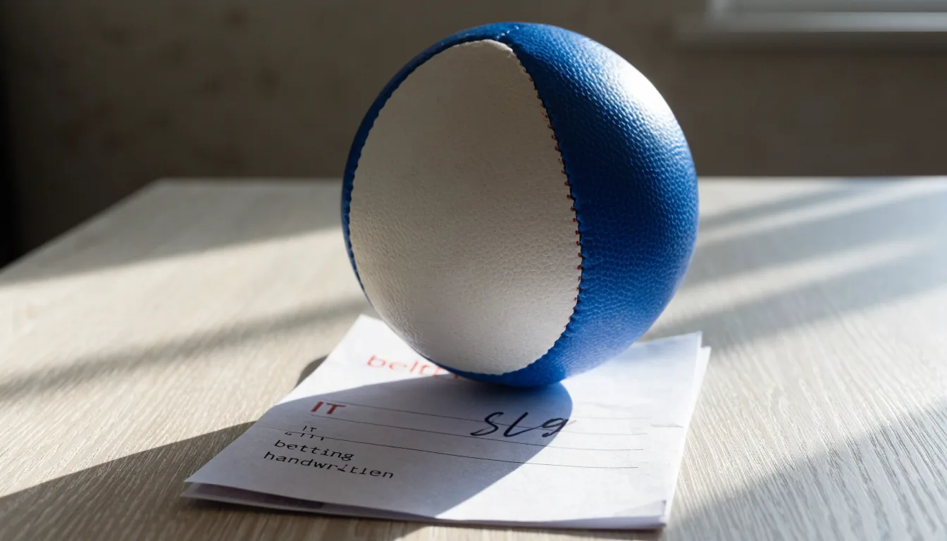Un pallone da calcio appoggiato su una schedina bianca su un tavolo di legno, alla luce del giorno