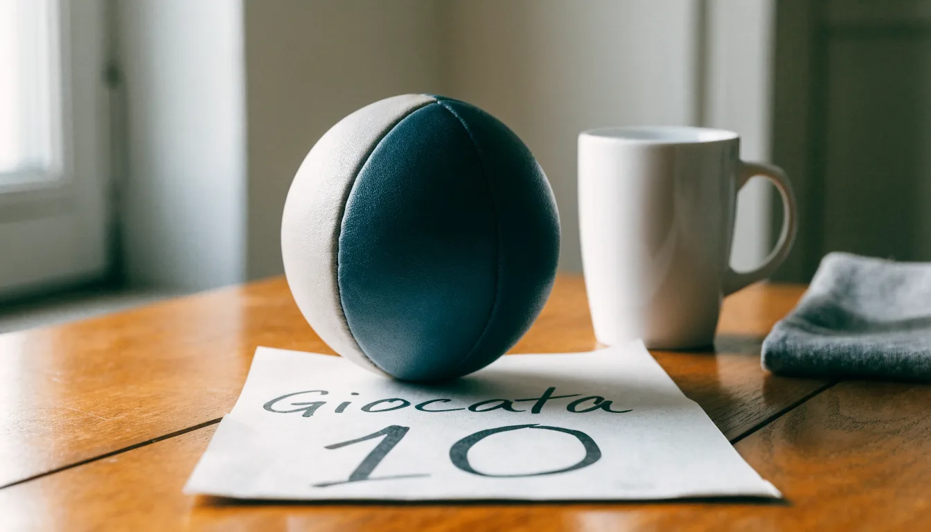 Un pallone da calcio appoggiato su una schedina bianca su un tavolo di legno, alla luce del giorno