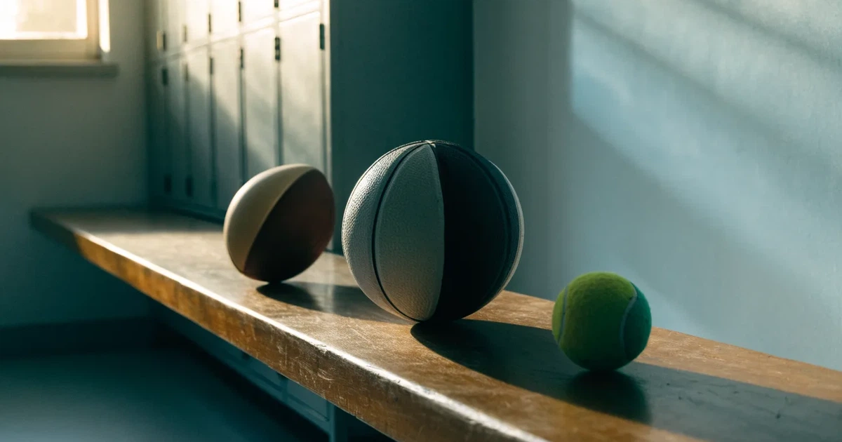 Tre palloni di sport diversi allineati uno accanto all'altro su una panca di legno