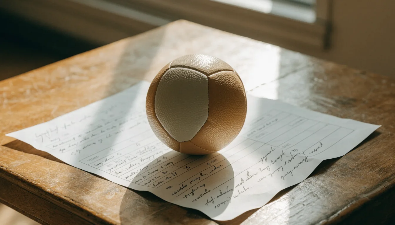Un pallone da calcio appoggiato su una schedina bianca su un tavolo di legno, alla luce del giorno