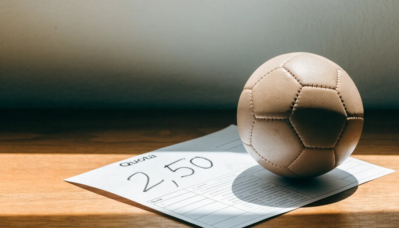 Un pallone da calcio appoggiato su una schedina bianca su un tavolo di legno, alla luce del giorno