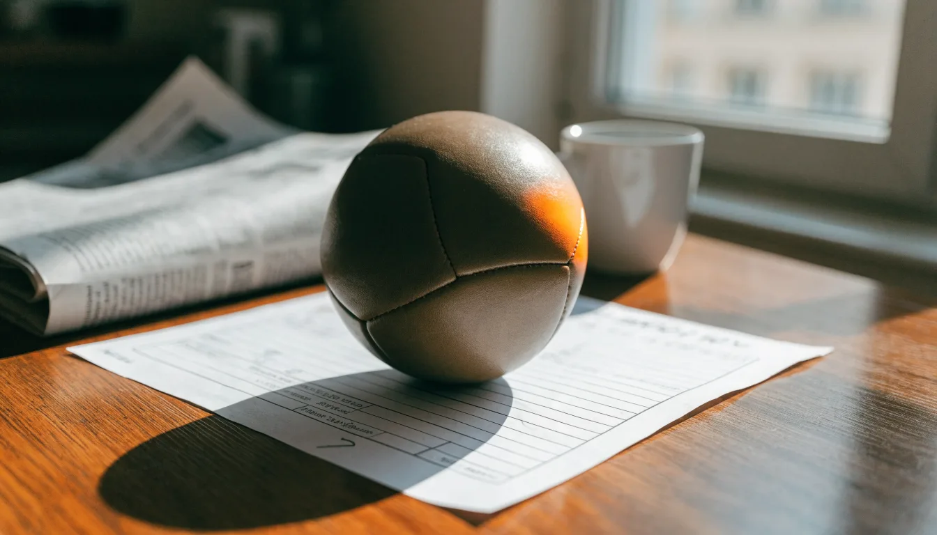 Un pallone da calcio appoggiato su una schedina bianca su un tavolo di legno, alla luce del giorno
