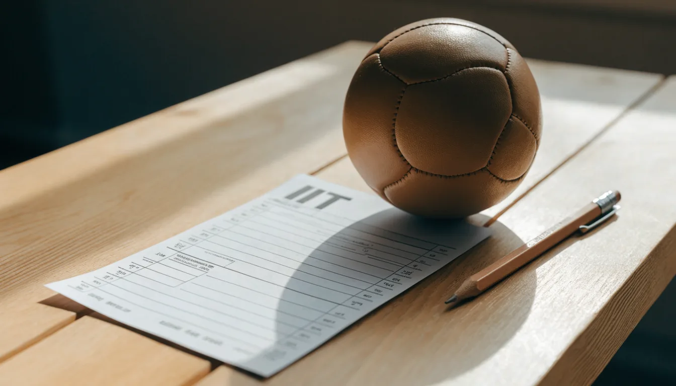 Un pallone da calcio appoggiato su una schedina bianca su un tavolo di legno, alla luce del giorno