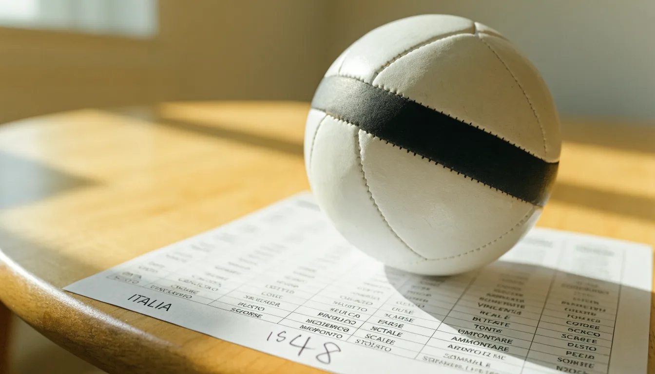 Un pallone da calcio appoggiato su una schedina bianca su un tavolo di legno, alla luce del giorno