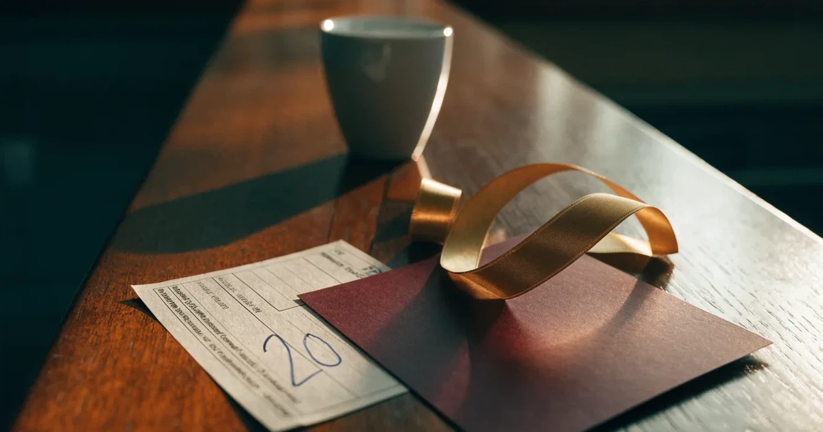 Un biglietto regalo con un nastro dorato accanto a una schedina su un bancone di legno