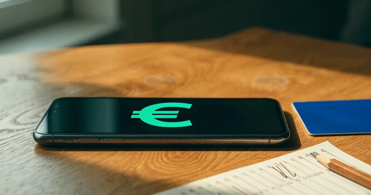Uno smartphone e una carta di pagamento affiancati su un tavolo di legno, con alcune banconote da euro accanto