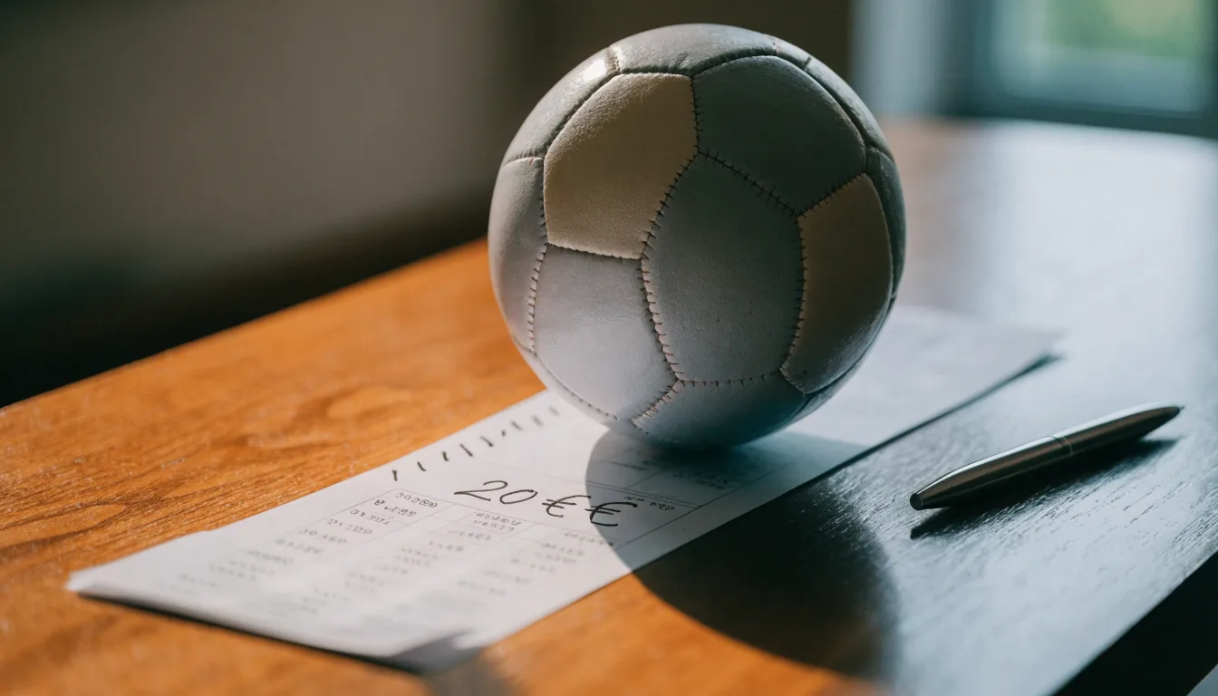 Un pallone da calcio appoggiato su una schedina bianca su un tavolo di legno, alla luce del giorno