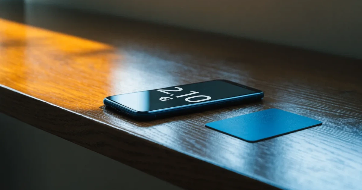 Uno smartphone e una carta di pagamento affiancati su un tavolo di legno, con alcune banconote da euro accanto