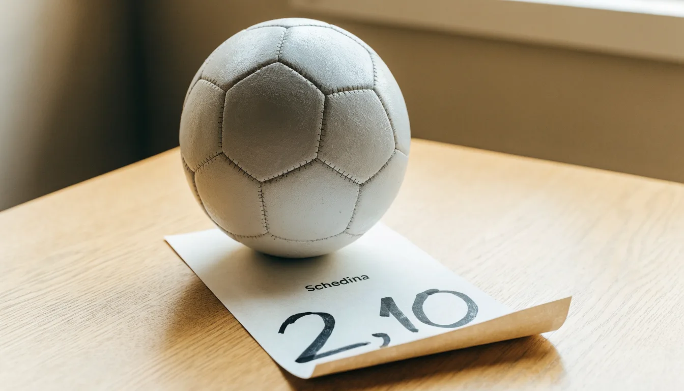 Un pallone da calcio appoggiato su una schedina bianca su un tavolo di legno, alla luce del giorno