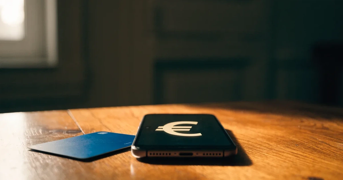 Uno smartphone e una carta di pagamento affiancati su un tavolo di legno, con alcune banconote da euro accanto