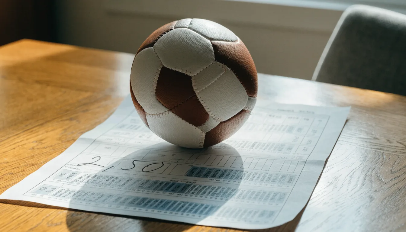Un pallone da calcio appoggiato su una schedina bianca su un tavolo di legno, alla luce del giorno