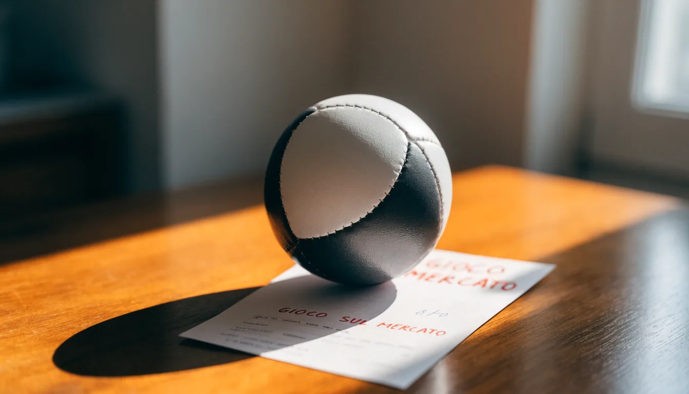 Un pallone da calcio appoggiato su una schedina bianca su un tavolo di legno, alla luce del giorno