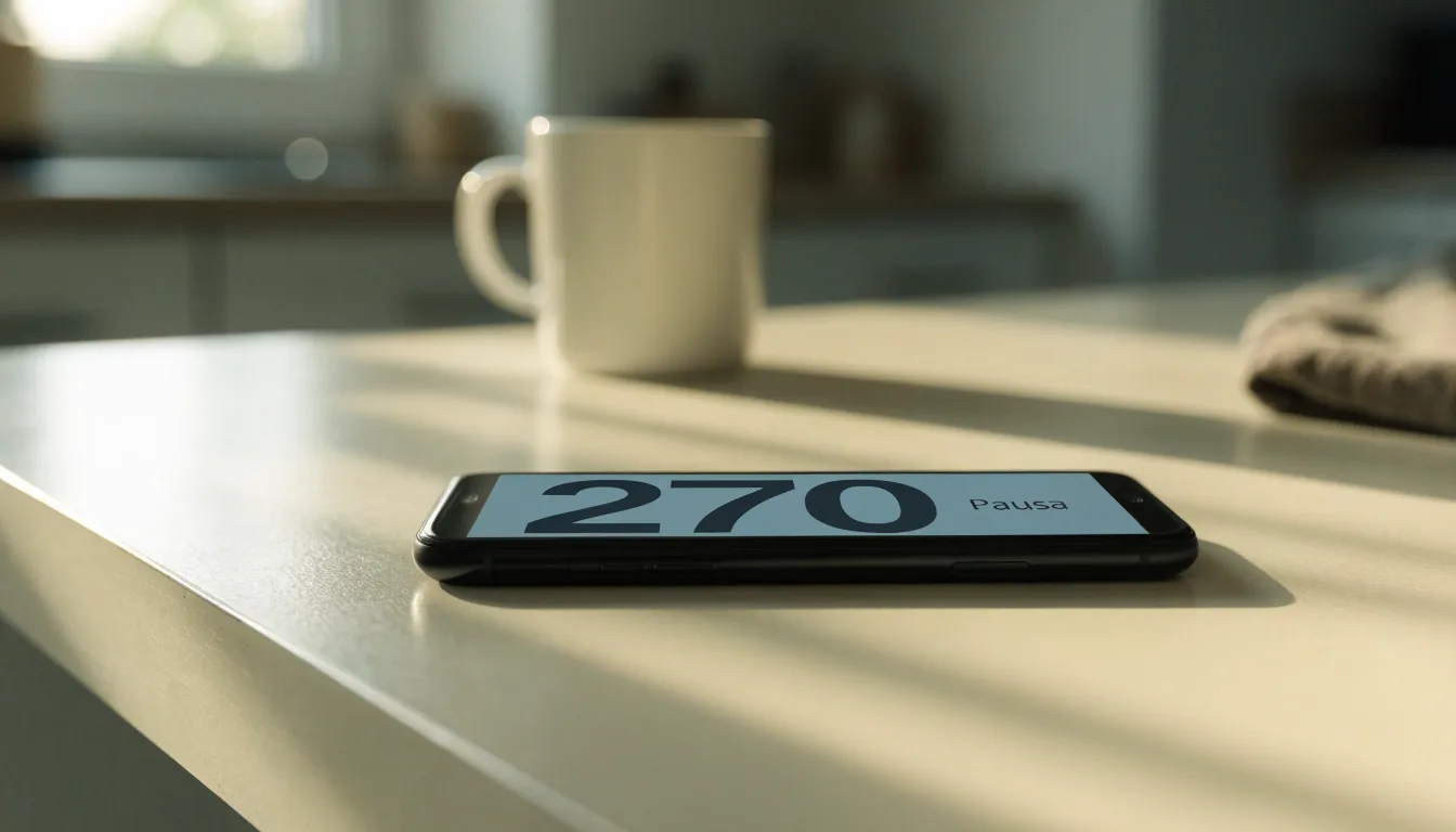 Un documento di identità appoggiato accanto a uno smartphone con un timer sullo schermo, su un tavolo da cucina
