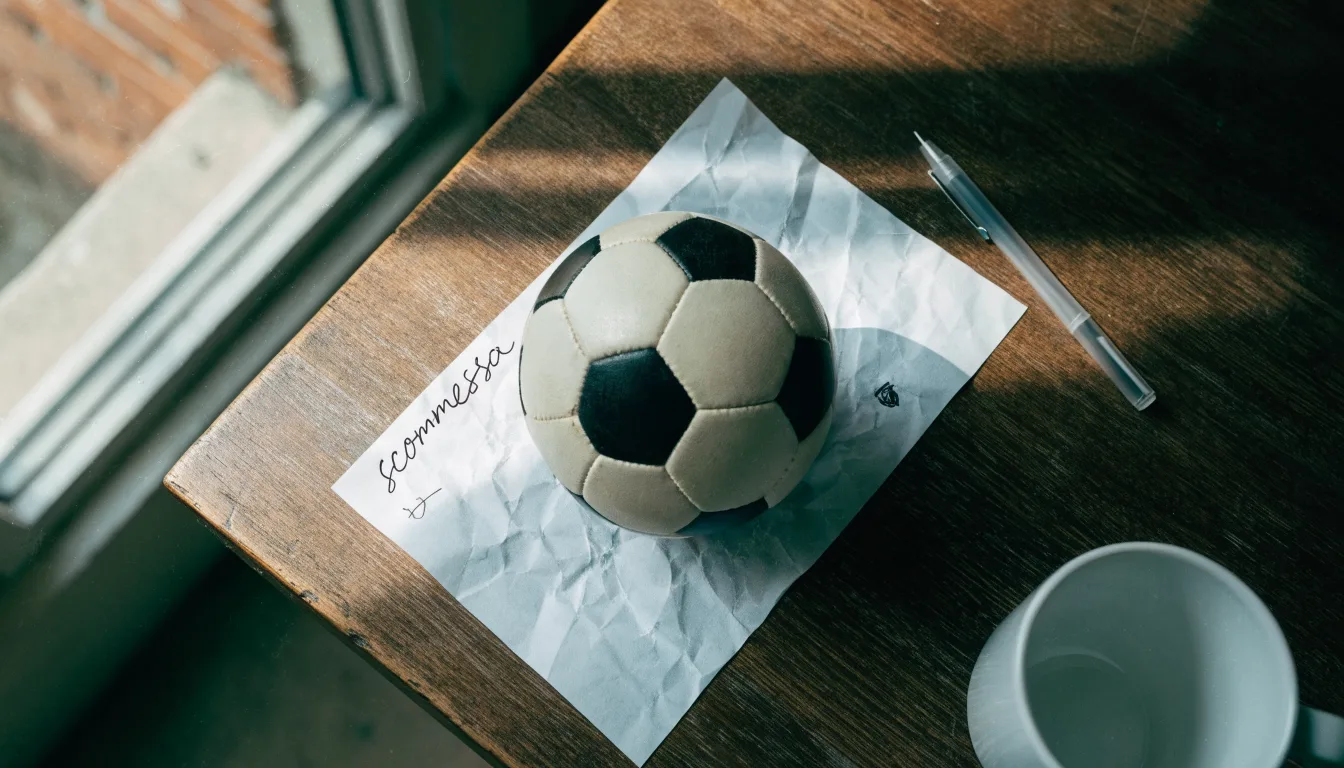 Un pallone da calcio appoggiato su una schedina bianca su un tavolo di legno, alla luce del giorno