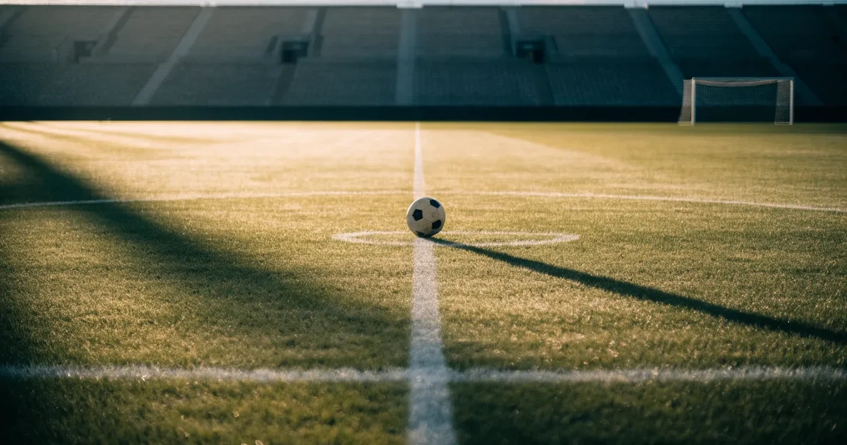 Un pallone da calcio sul dischetto del centrocampo di un prato, alla luce del mattino