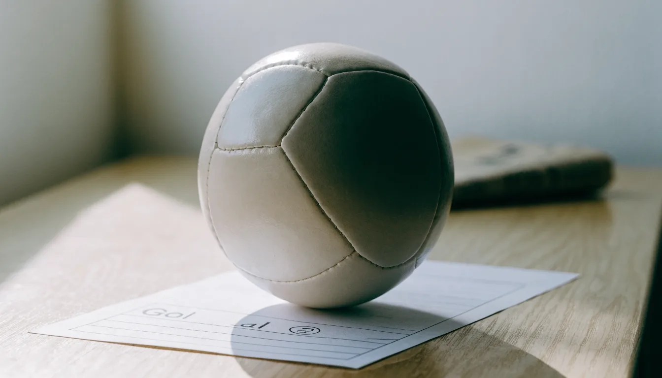 Un pallone da calcio appoggiato su una schedina bianca su un tavolo di legno, alla luce del giorno