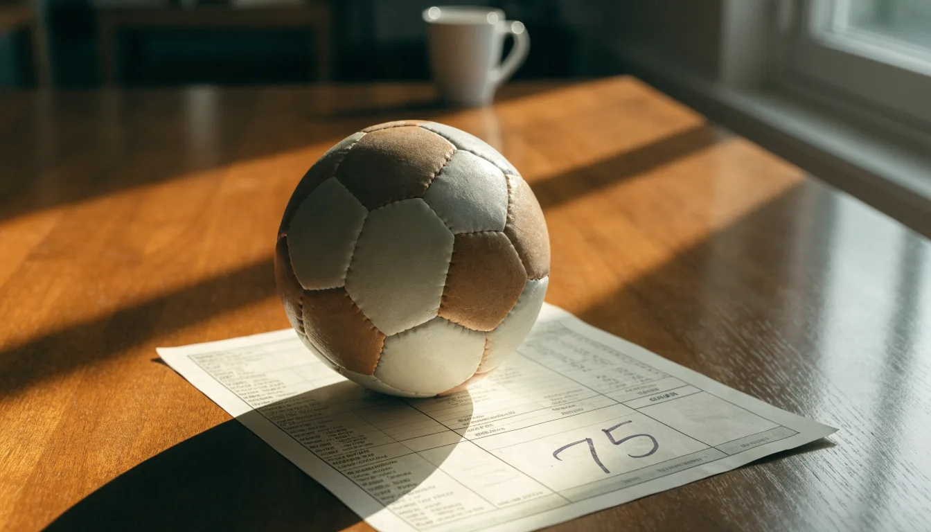 Un pallone da calcio appoggiato su una schedina bianca su un tavolo di legno, alla luce del giorno