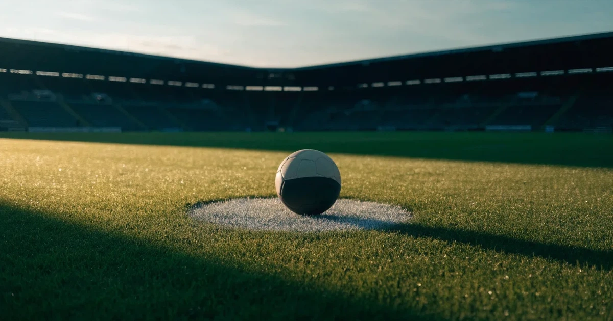 Un pallone da calcio sul dischetto del centrocampo di un prato, alla luce del mattino