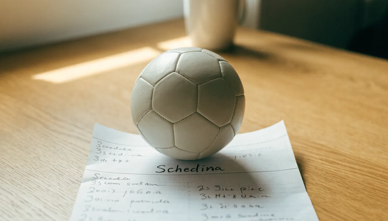 Un pallone da calcio appoggiato su una schedina bianca su un tavolo di legno, alla luce del giorno