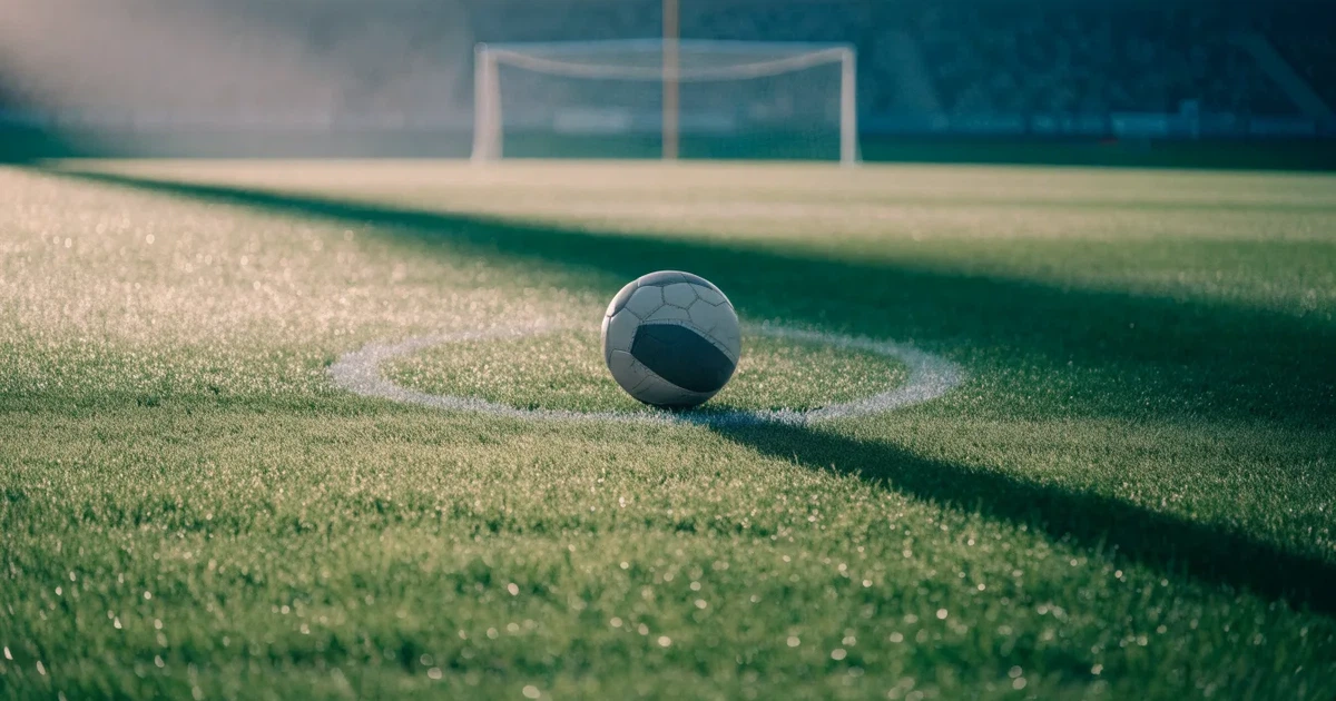 Un pallone da calcio sul dischetto del centrocampo di un prato, alla luce del mattino