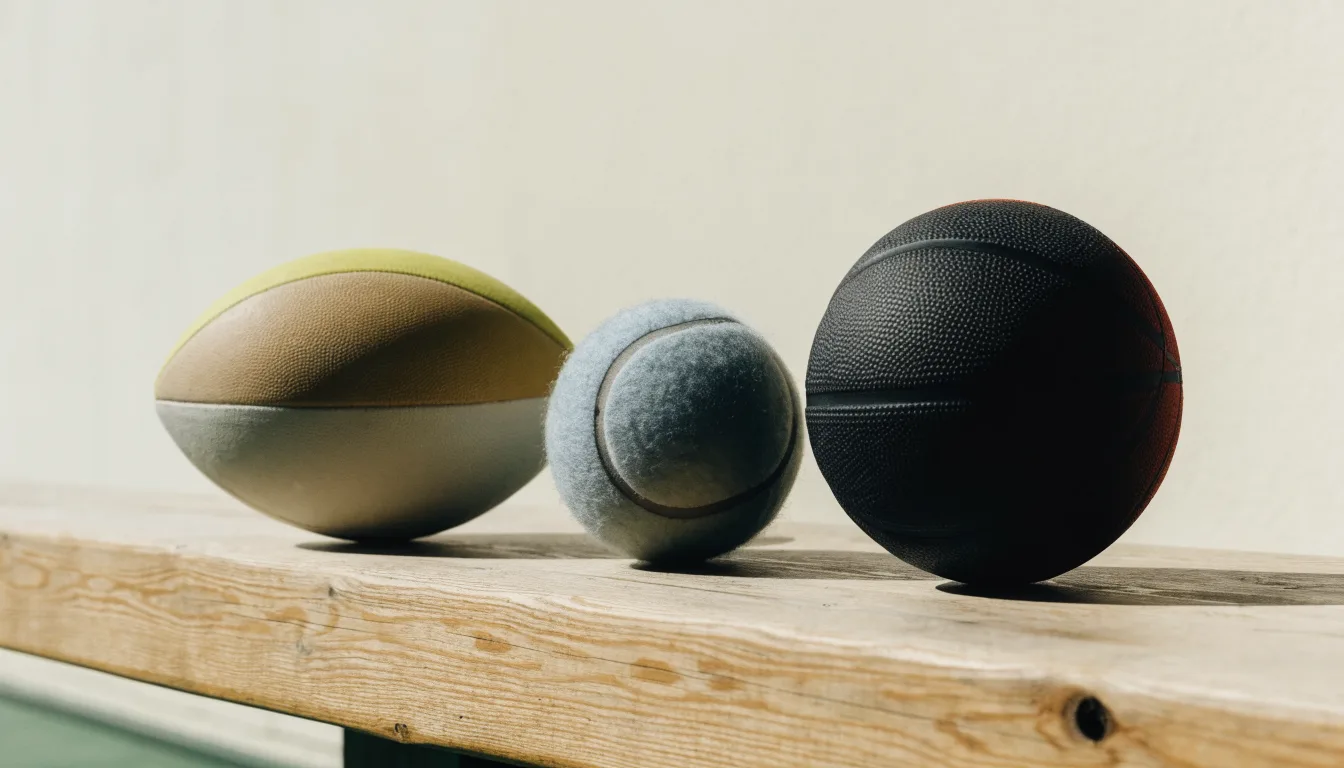 Tre palloni di sport diversi allineati uno accanto all'altro su una panca di legno