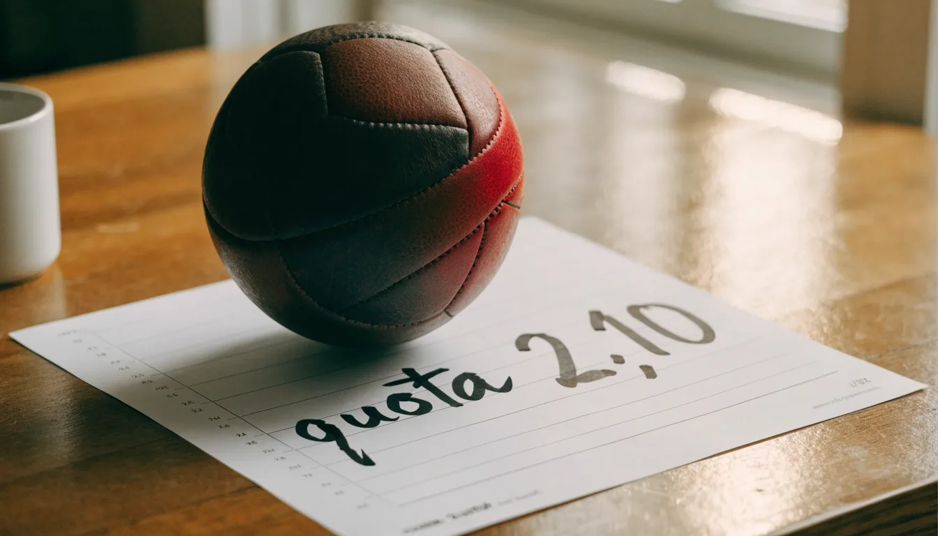 Un pallone da calcio appoggiato su una schedina bianca su un tavolo di legno, alla luce del giorno