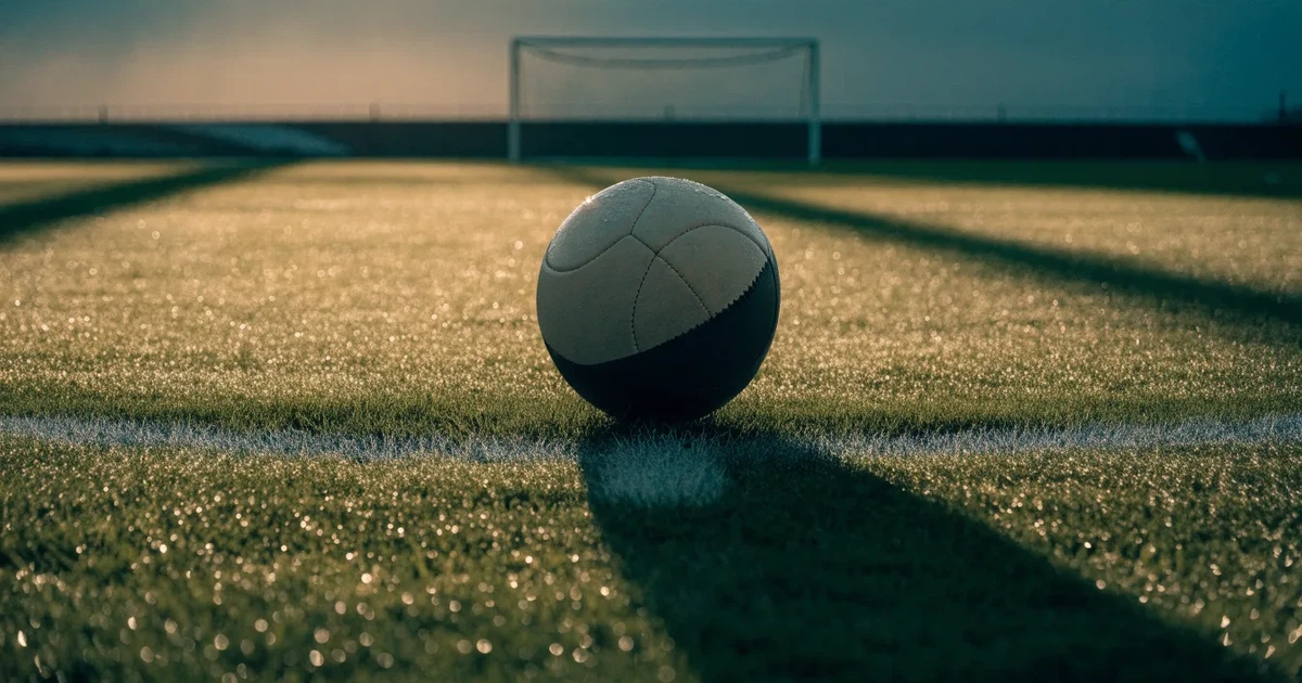 Un pallone da calcio sul dischetto del centrocampo di un prato, alla luce del mattino