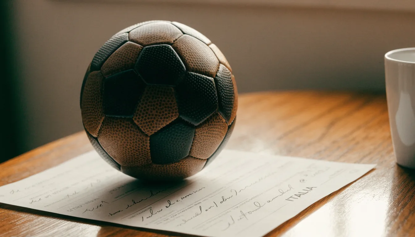Un pallone da calcio appoggiato su una schedina bianca su un tavolo di legno, alla luce del giorno