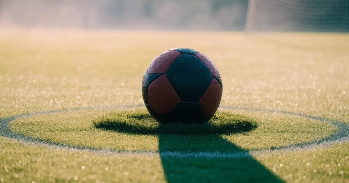 Un pallone da calcio sul dischetto del centrocampo di un prato, alla luce del mattino