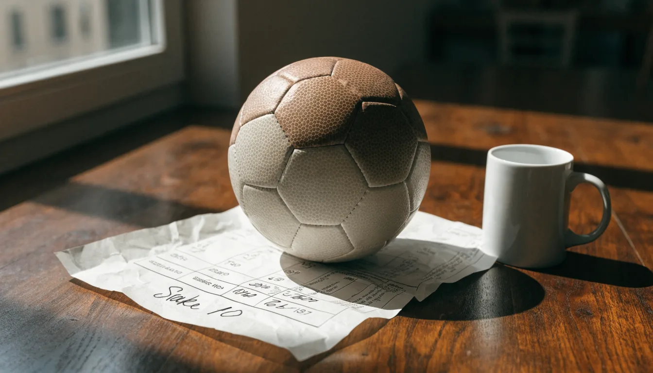 Un pallone da calcio appoggiato su una schedina bianca su un tavolo di legno, alla luce del giorno
