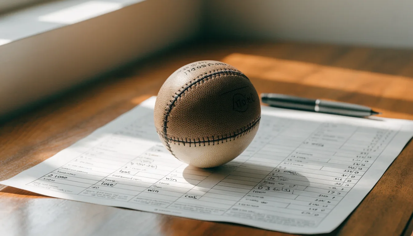 Un pallone da calcio appoggiato su una schedina bianca su un tavolo di legno, alla luce del giorno