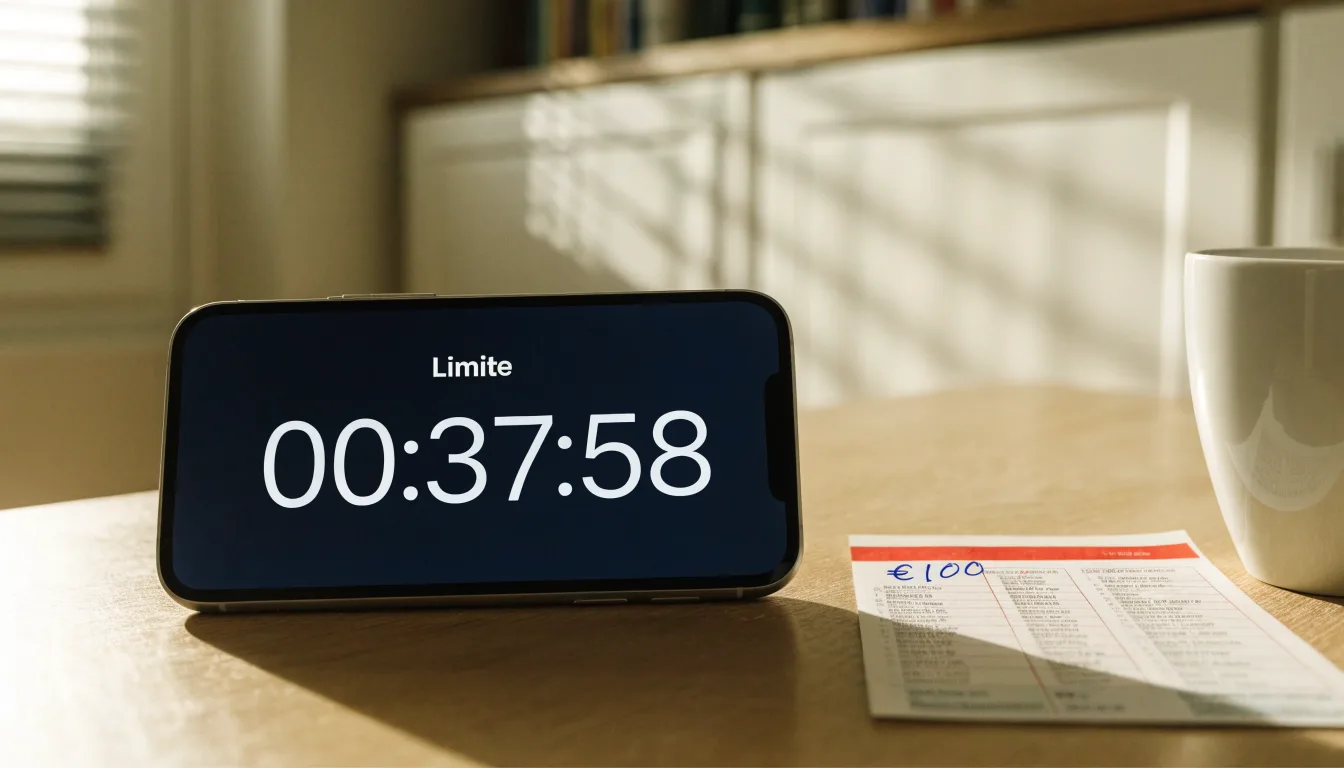 Un documento di identità appoggiato accanto a uno smartphone con un timer sullo schermo, su un tavolo da cucina