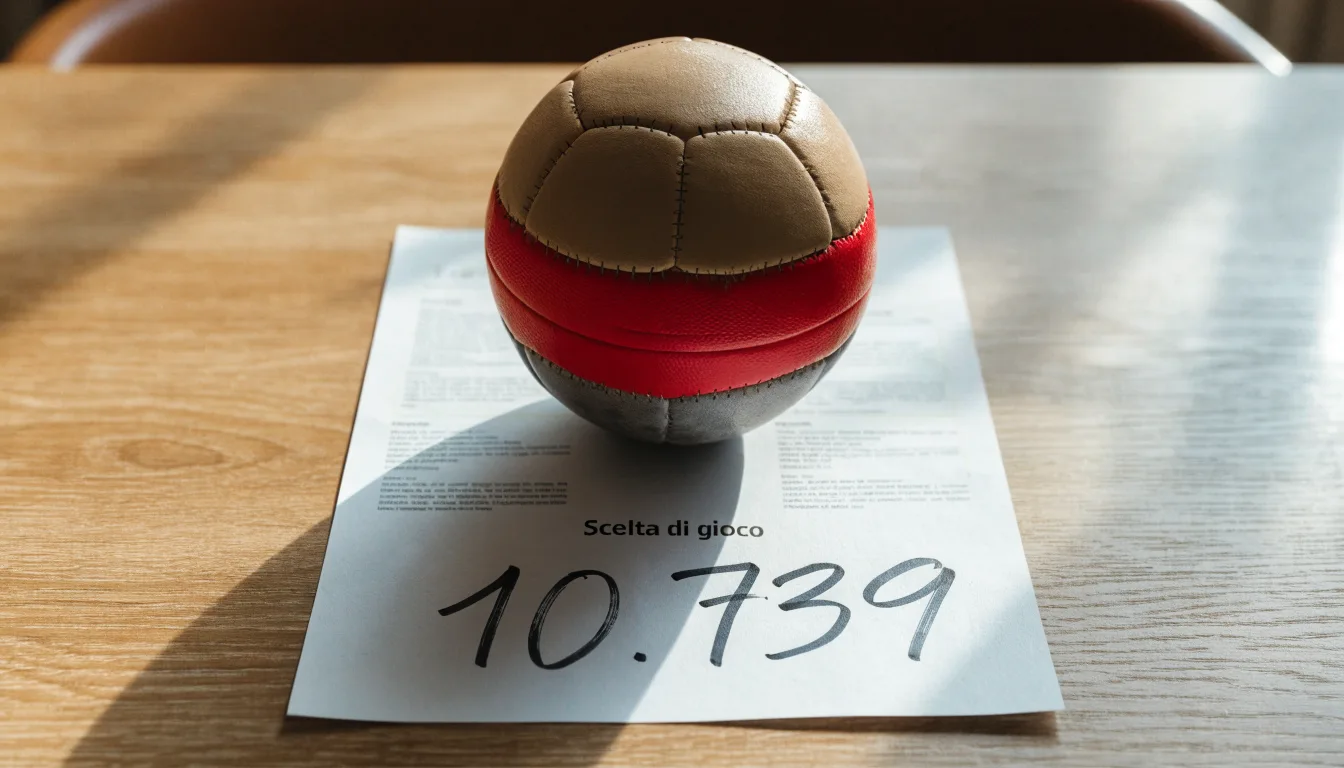 Un pallone da calcio appoggiato su una schedina bianca su un tavolo di legno, alla luce del giorno